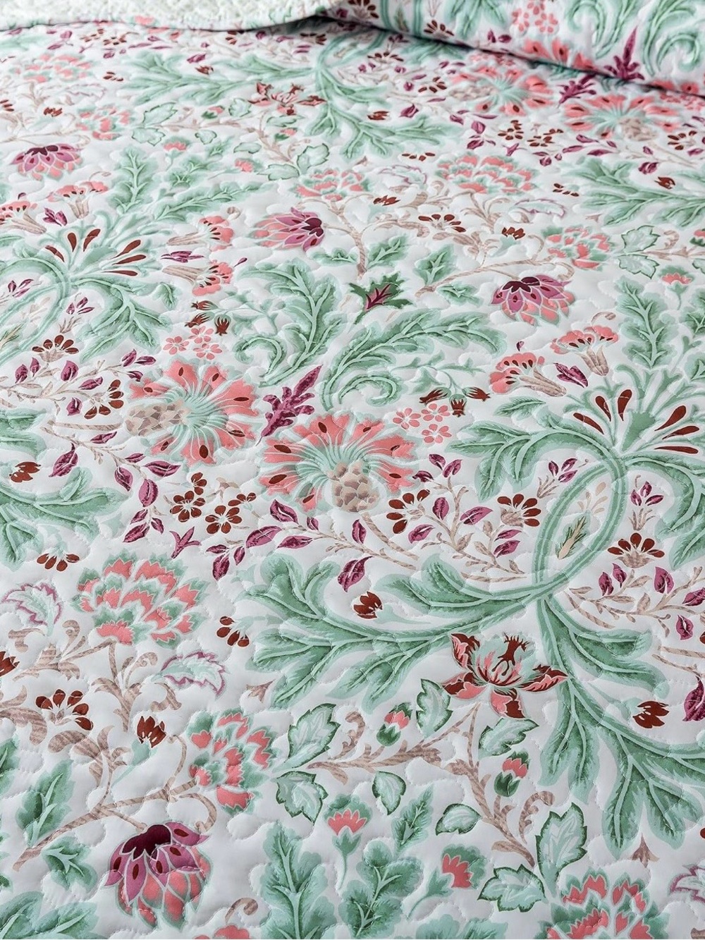 NEW Anthro Green & Pink Floral Reversible Boho Queen King Bedding Quilt Sham Set - Picture 5 of 10
